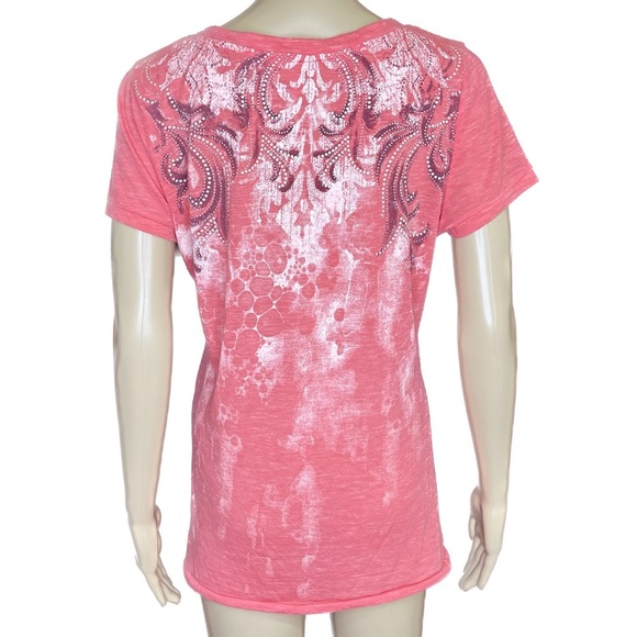 Miss Me Mesh Jeweled Tribal Angel Wing Burnout V-Neck Top Size Large - Picture 4 of 6